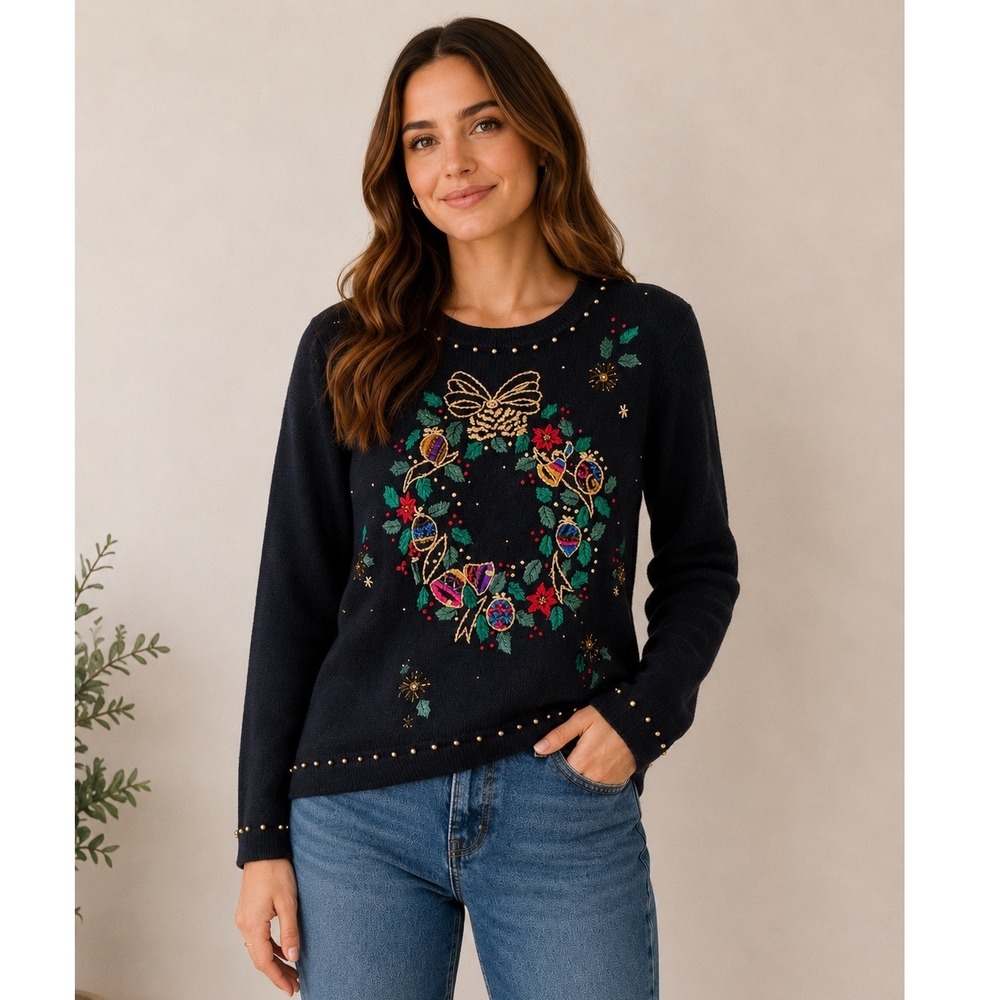 Arriviste Womens Black Embroidered Wreath Beaded Ugly Christmas Sweater Small